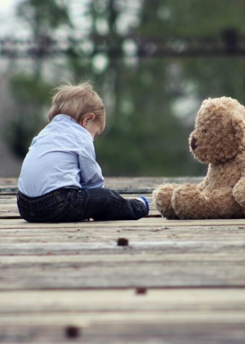 Boy Sitting With Brown Bear Plush Toy on Selective Focus Photo